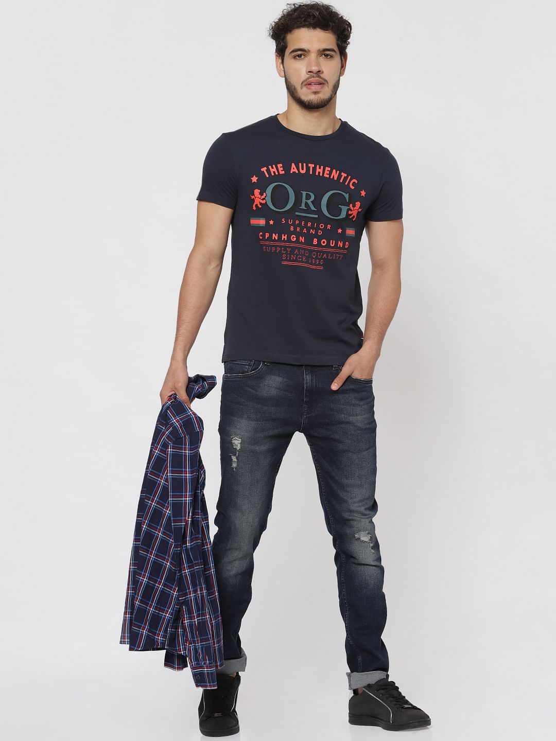 Blue Graphic Print Crew Neck T-shirt - S