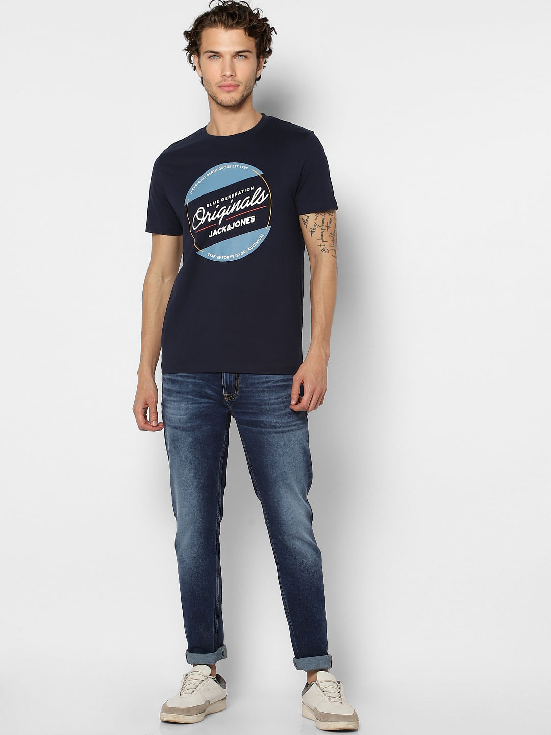 Navy Blue Graphic Crew Neck T-shirt - S