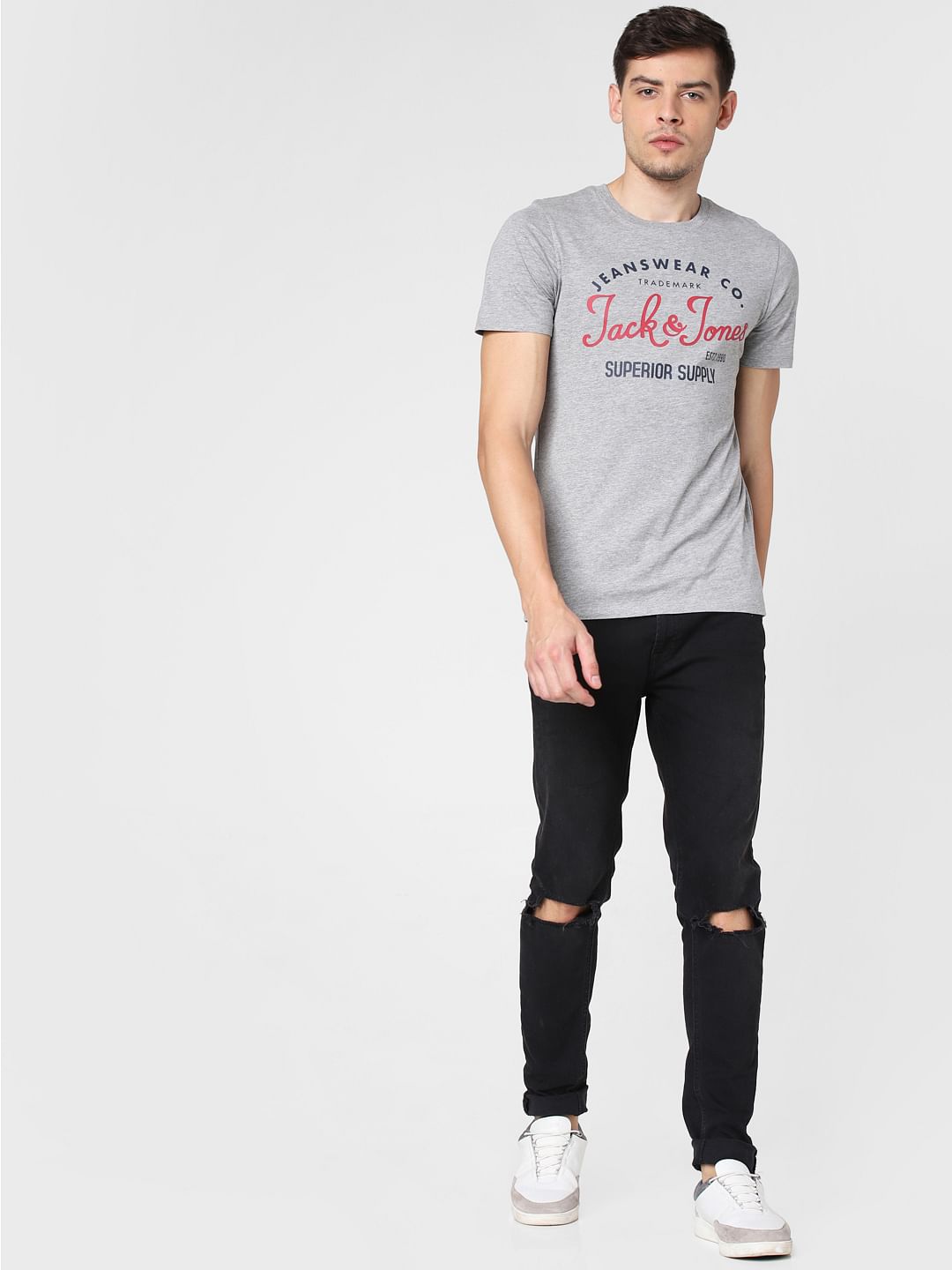 Grey Logo Print Crew Neck T-shirt