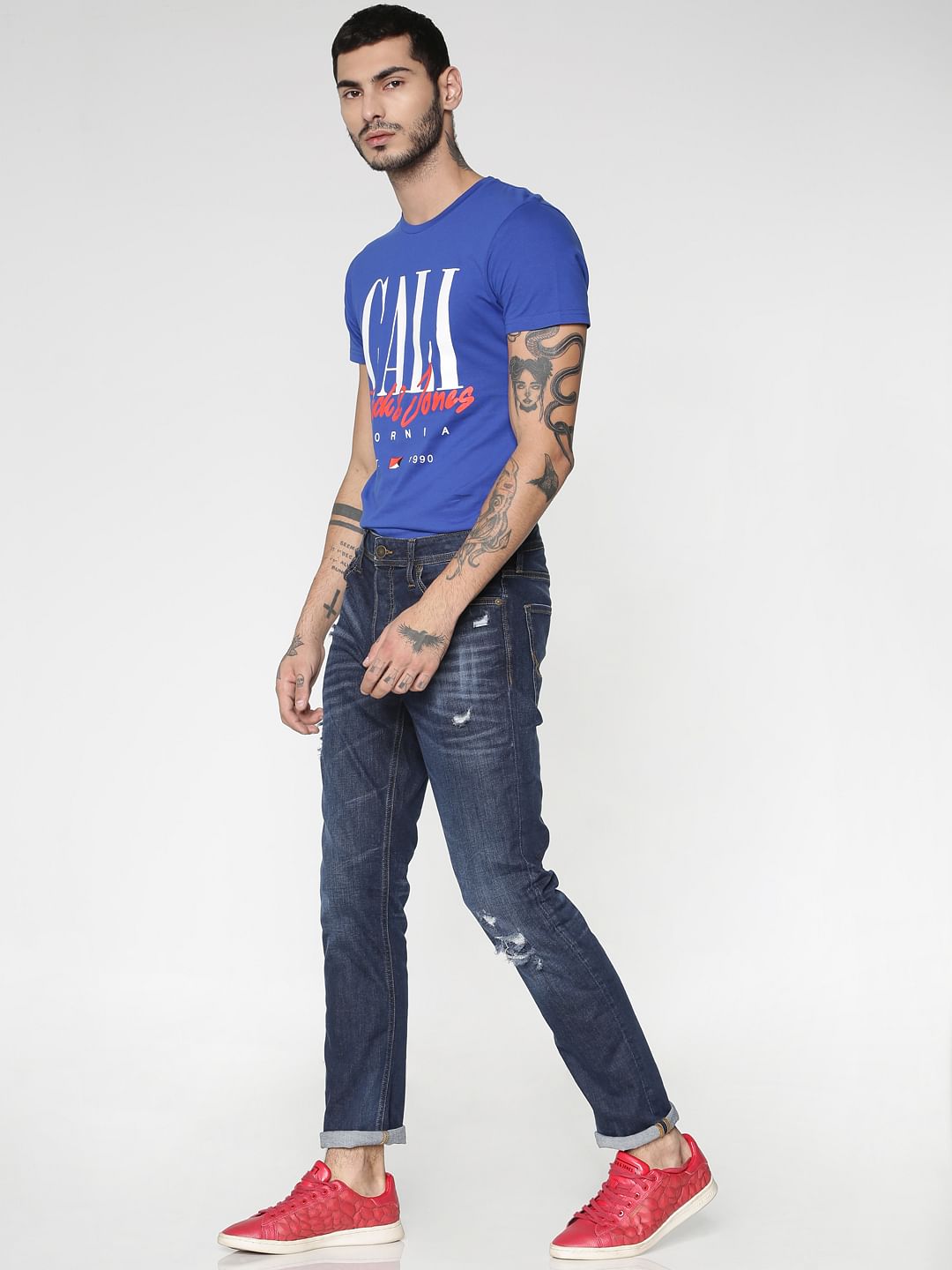 Blue Text Print Crew Neck T-shirt - S