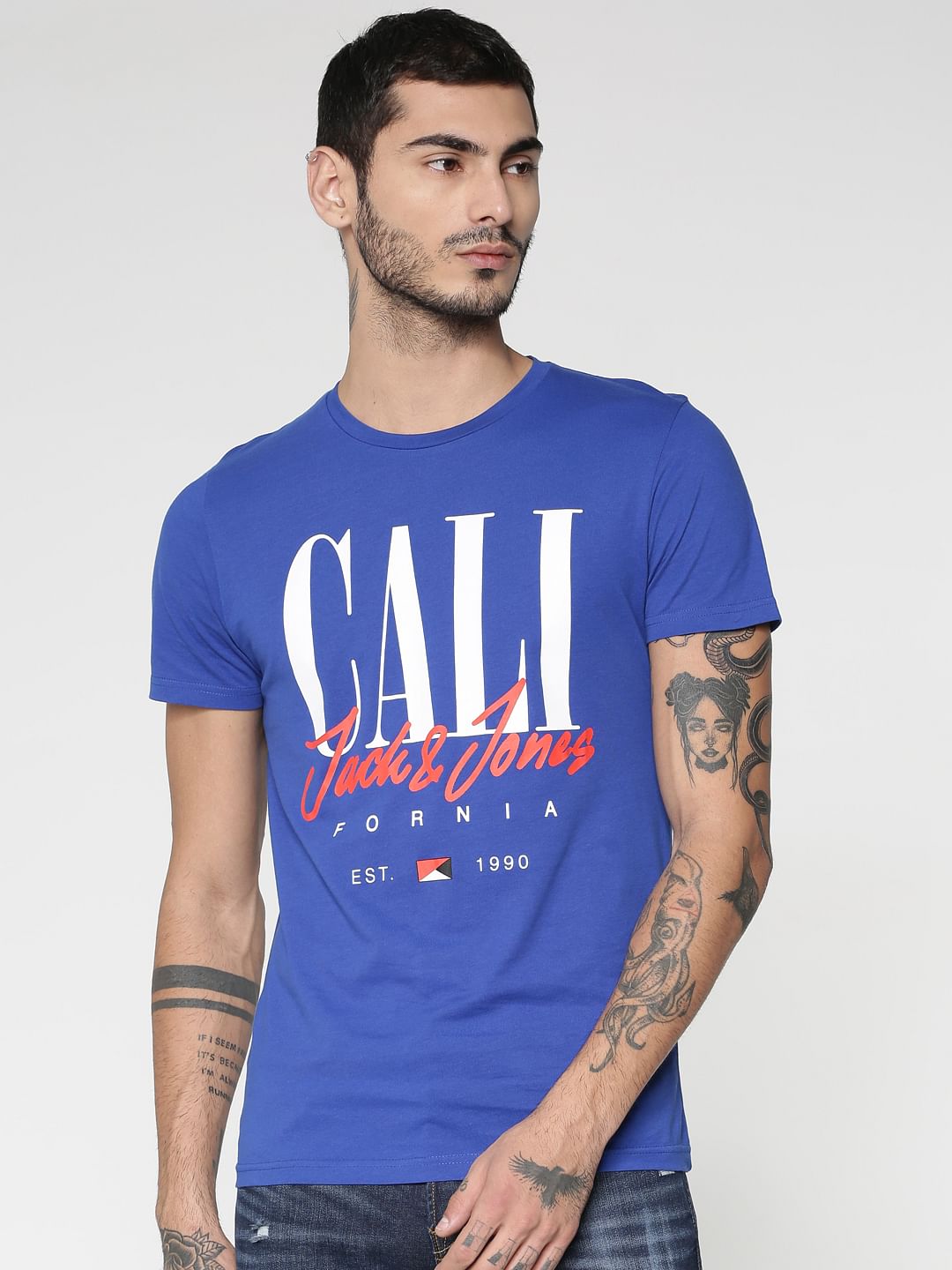 Blue Text Print Crew Neck T-shirt