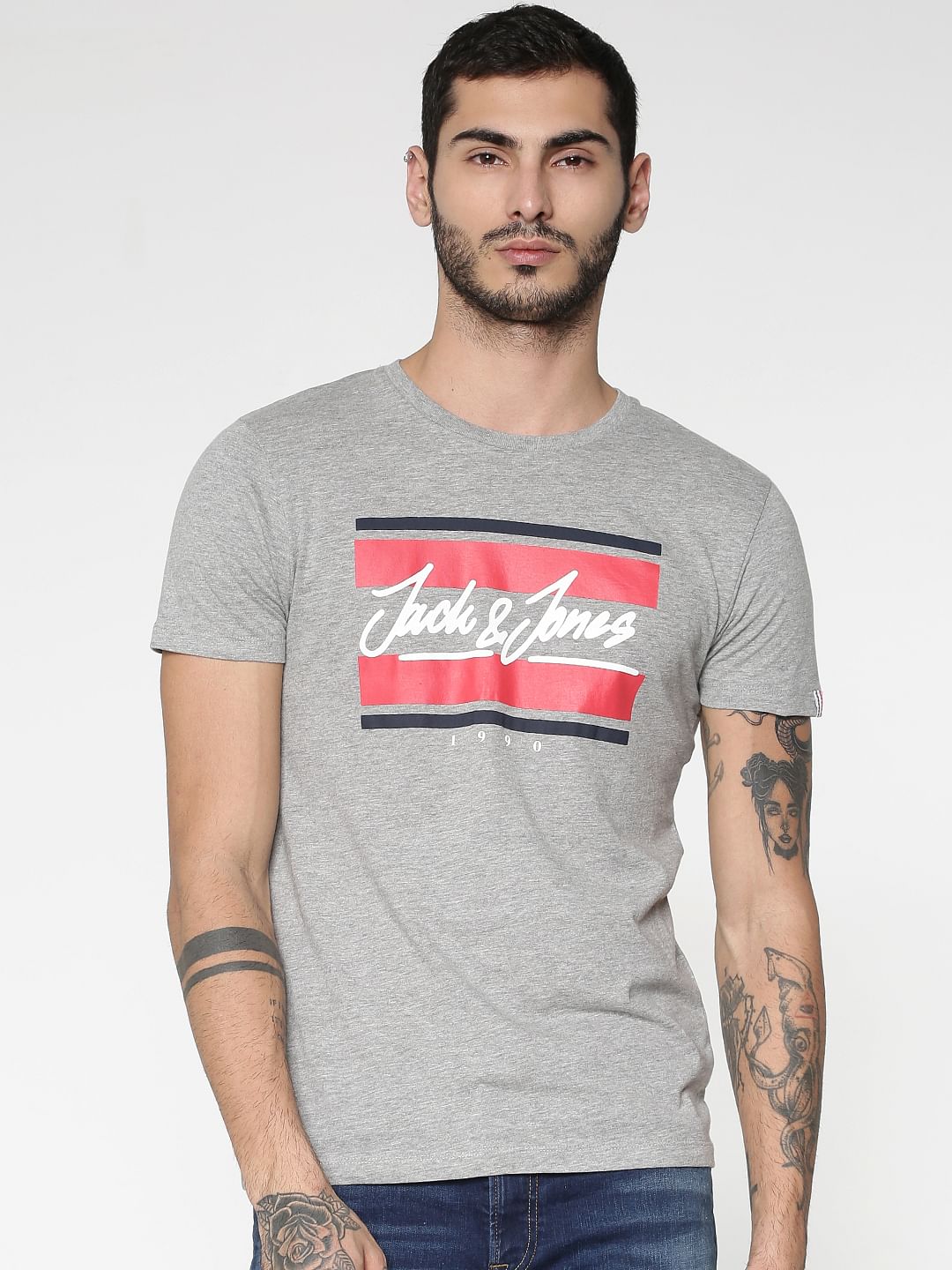 Grey Logo Print Crew Neck T-shirt