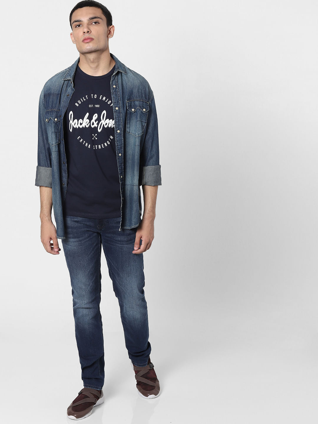 Navy Blue Logo Print Crew Neck T-shirt - S
