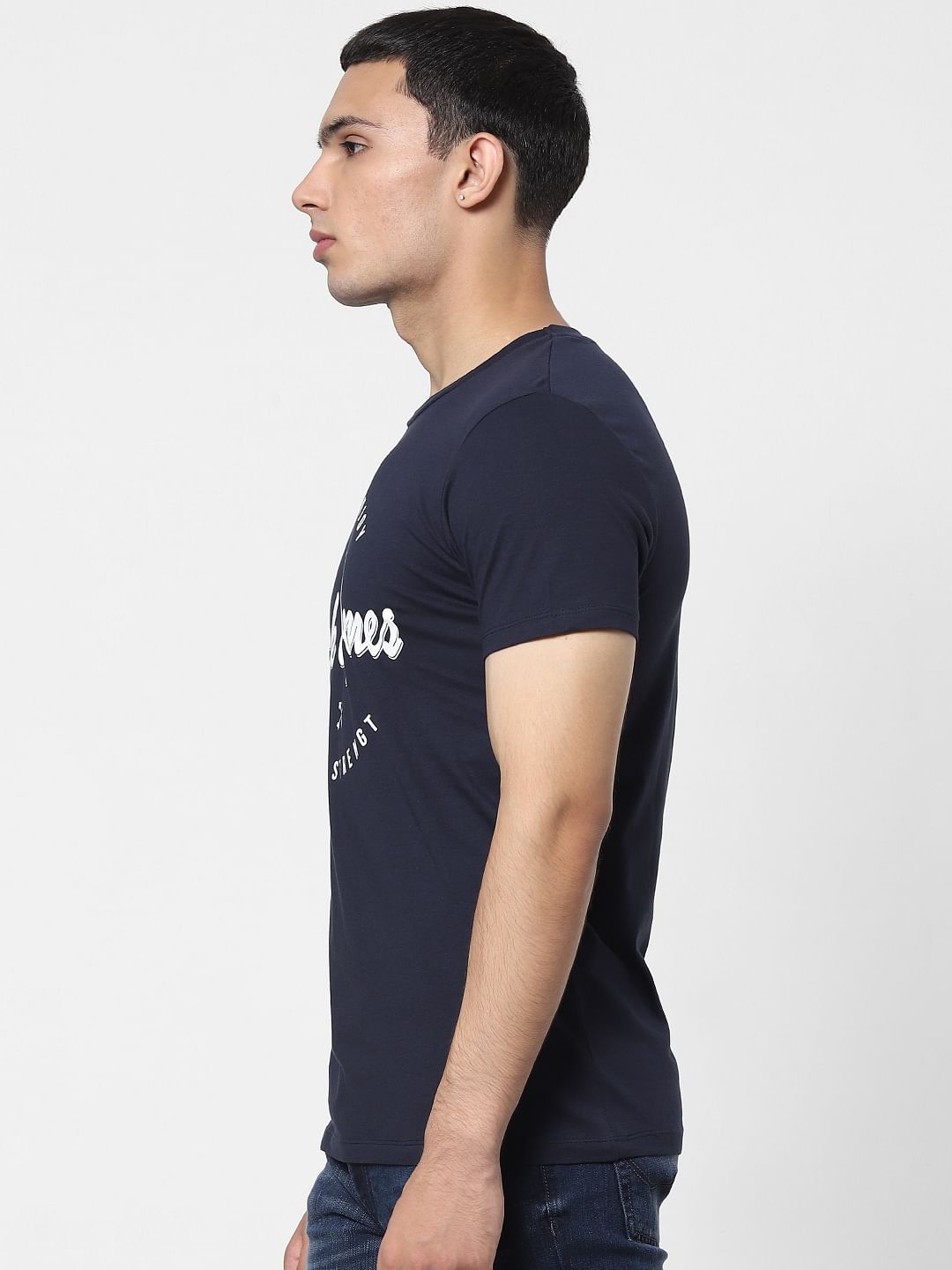 Navy Blue Logo Print Crew Neck T-shirt