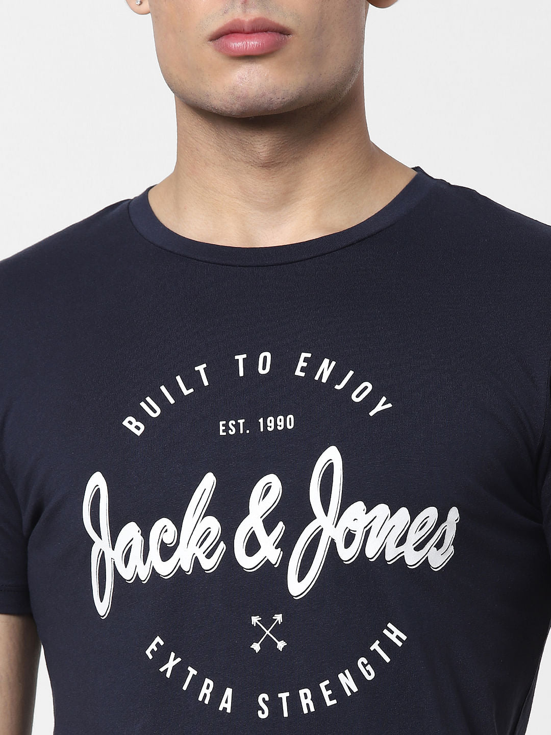 Navy Blue Logo Print Crew Neck T-shirt