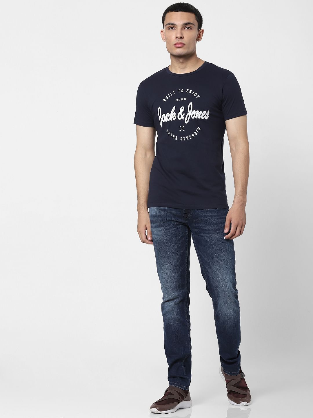 Navy Blue Logo Print Crew Neck T-shirt