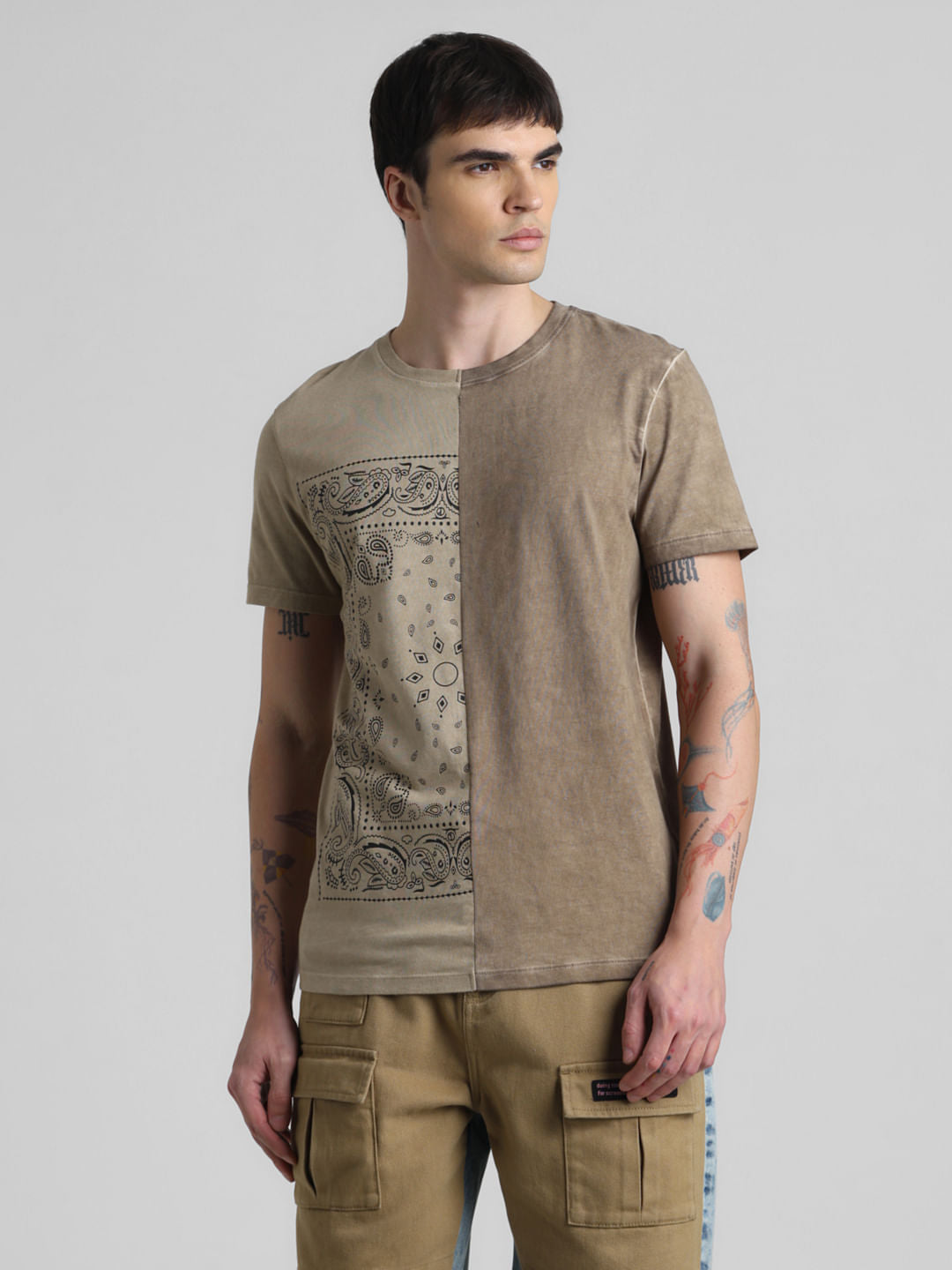UNMATCHED by JACK&JONES Brown Printed Acid Washed T-shirt