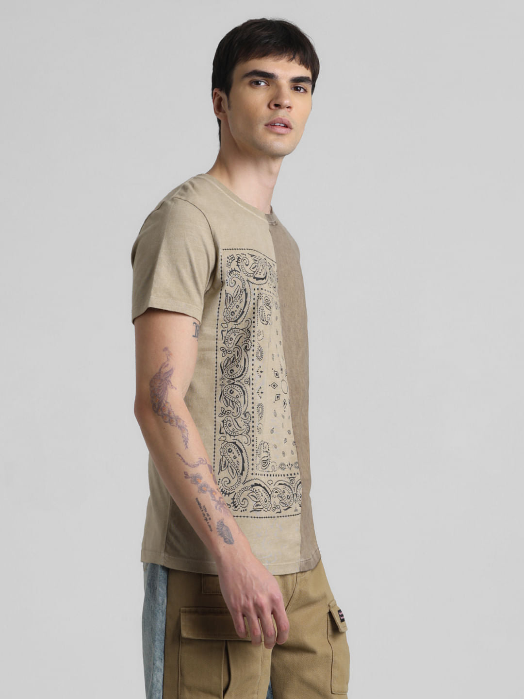 UNMATCHED by JACK&JONES Brown Printed Acid Washed T-shirt