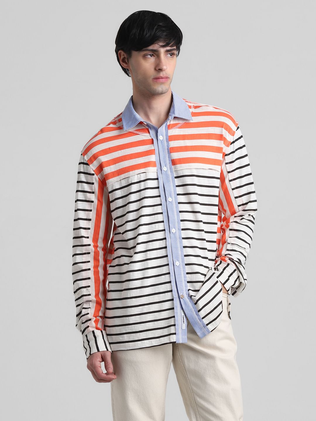 UNMATCHED by JACK&JONES White Striped Colourblocked Shirt
