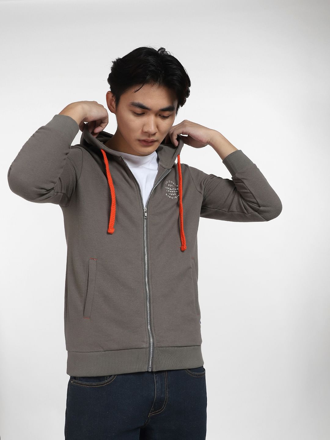 Grey Front-Open Hooded Sweatshirt - S