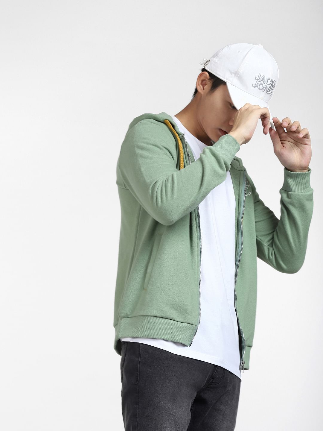 Green Front-Open Hooded Sweatshirt