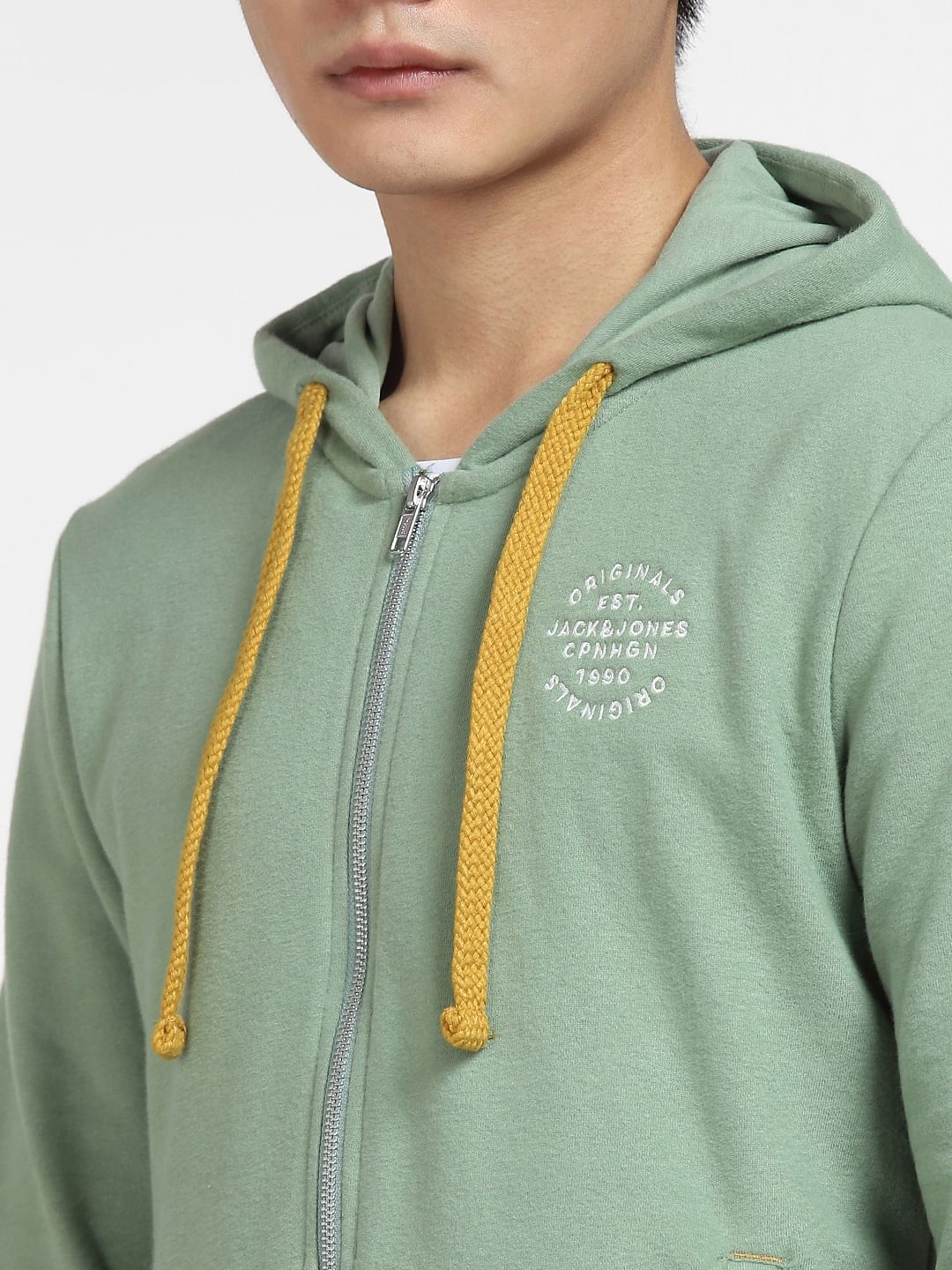 Green Front-Open Hooded Sweatshirt