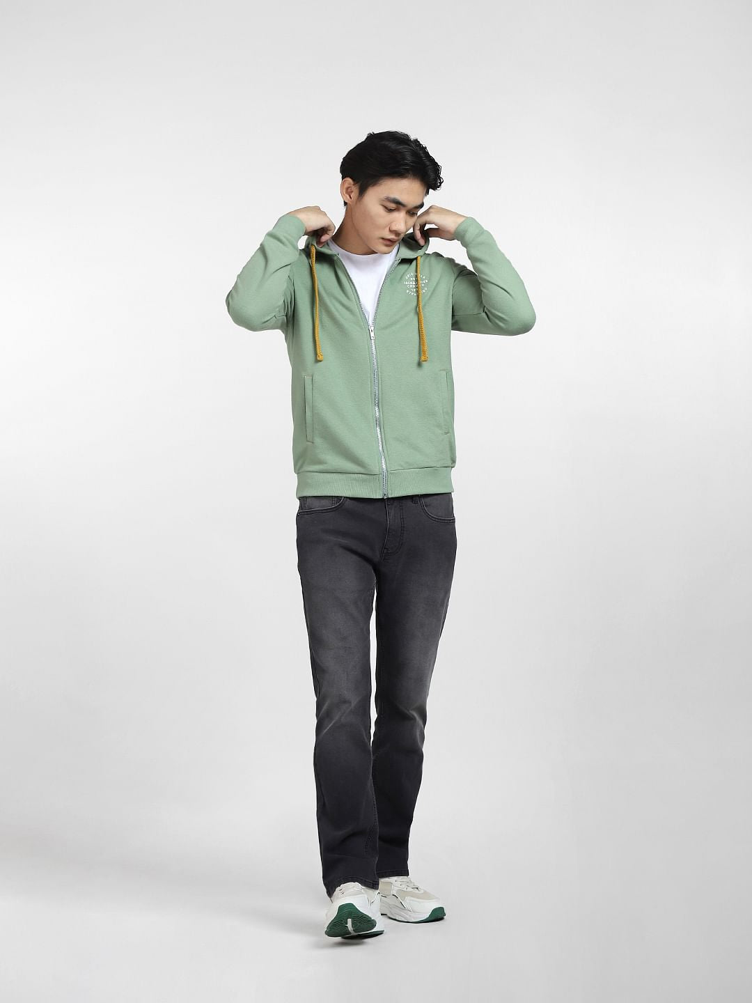 Green Front-Open Hooded Sweatshirt