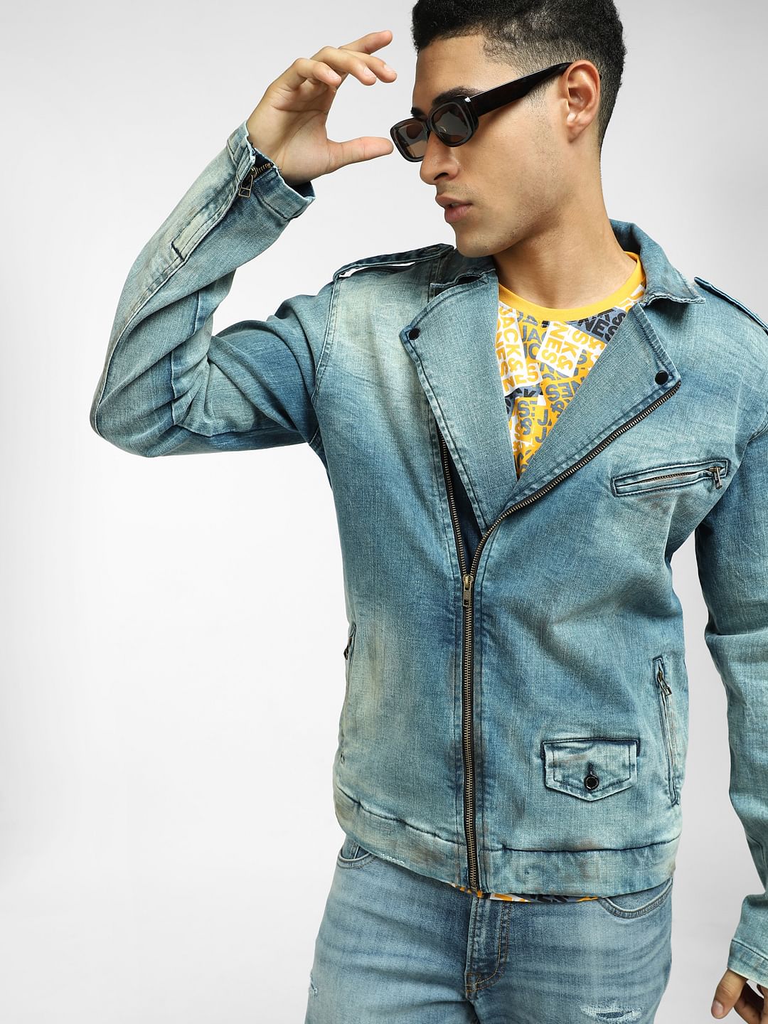 Blue Washed Biker Denim Jacket