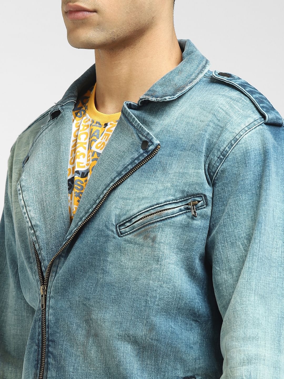 Blue Washed Biker Denim Jacket
