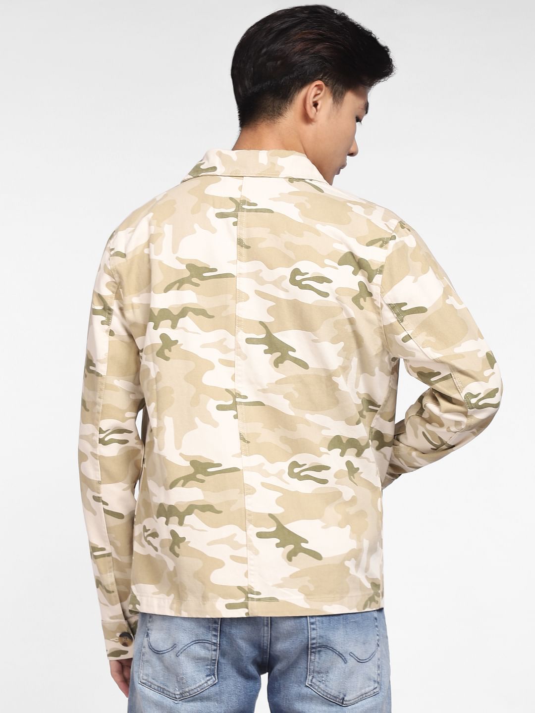 Beige Camo Print Denim Jacket