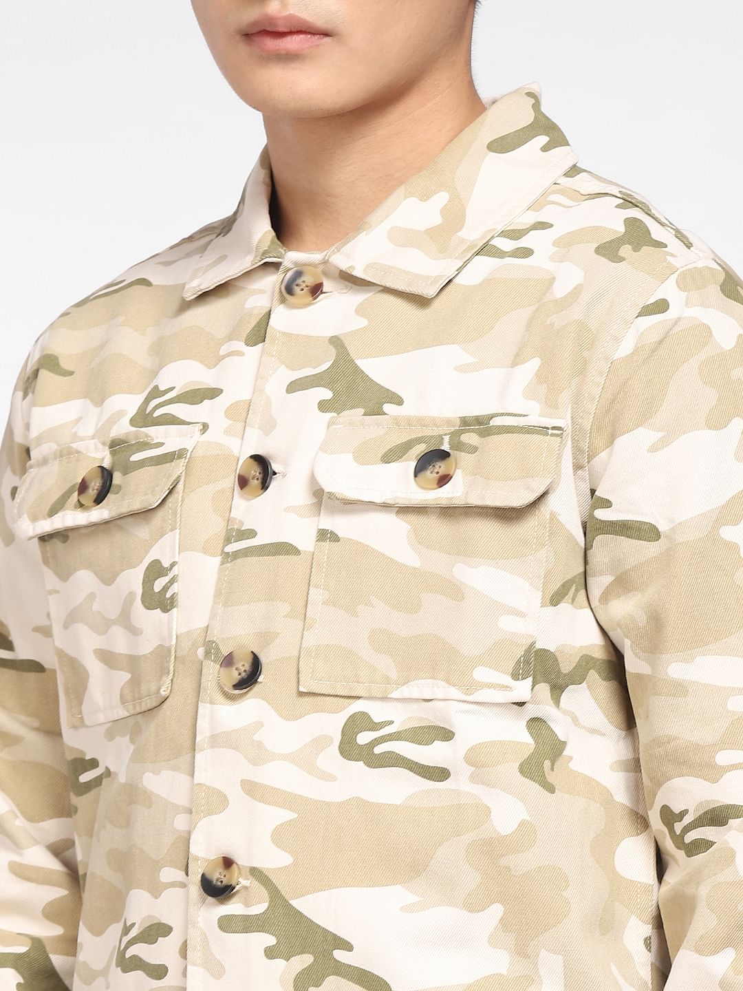 Beige Camo Print Denim Jacket