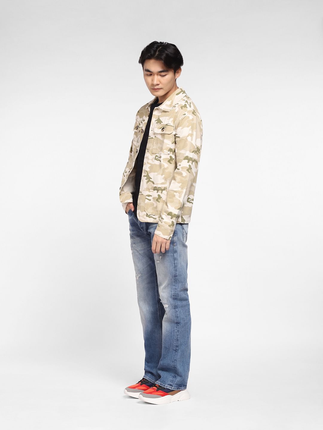 Beige Camo Print Denim Jacket