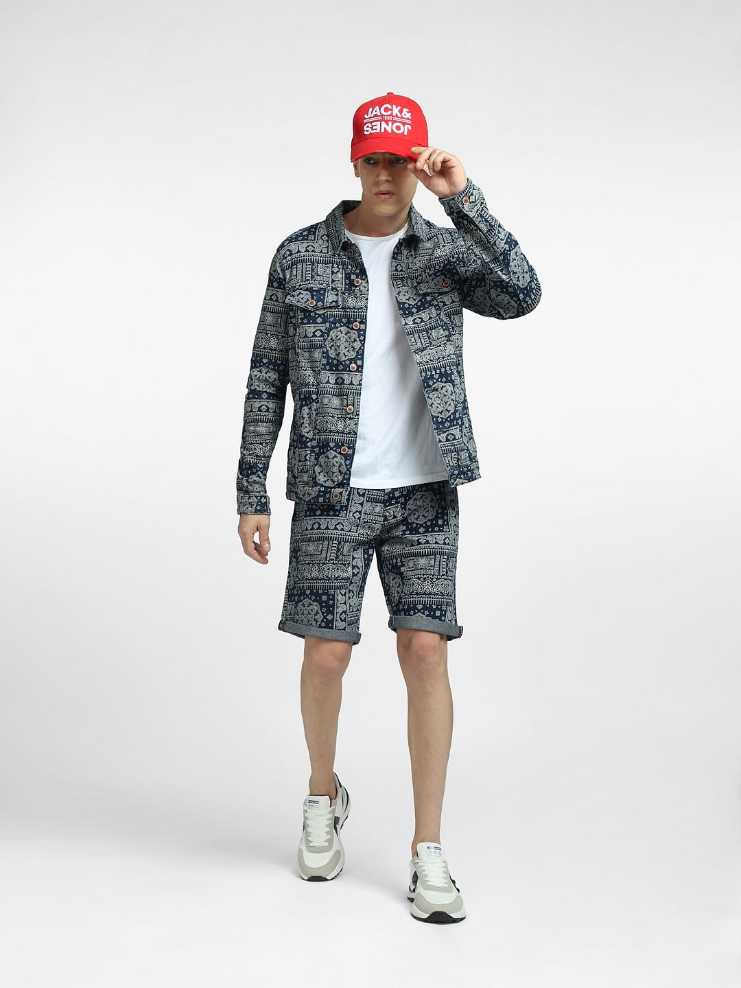 Blue Low Rise Printed Co-ord Denim Shorts