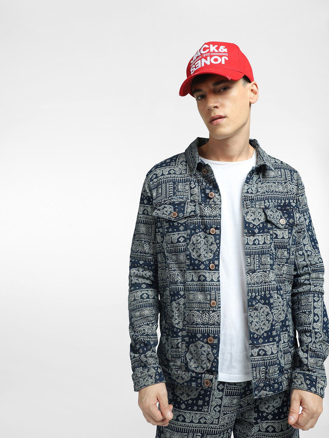 Blue Printed Co-ord Denim Jacket - S