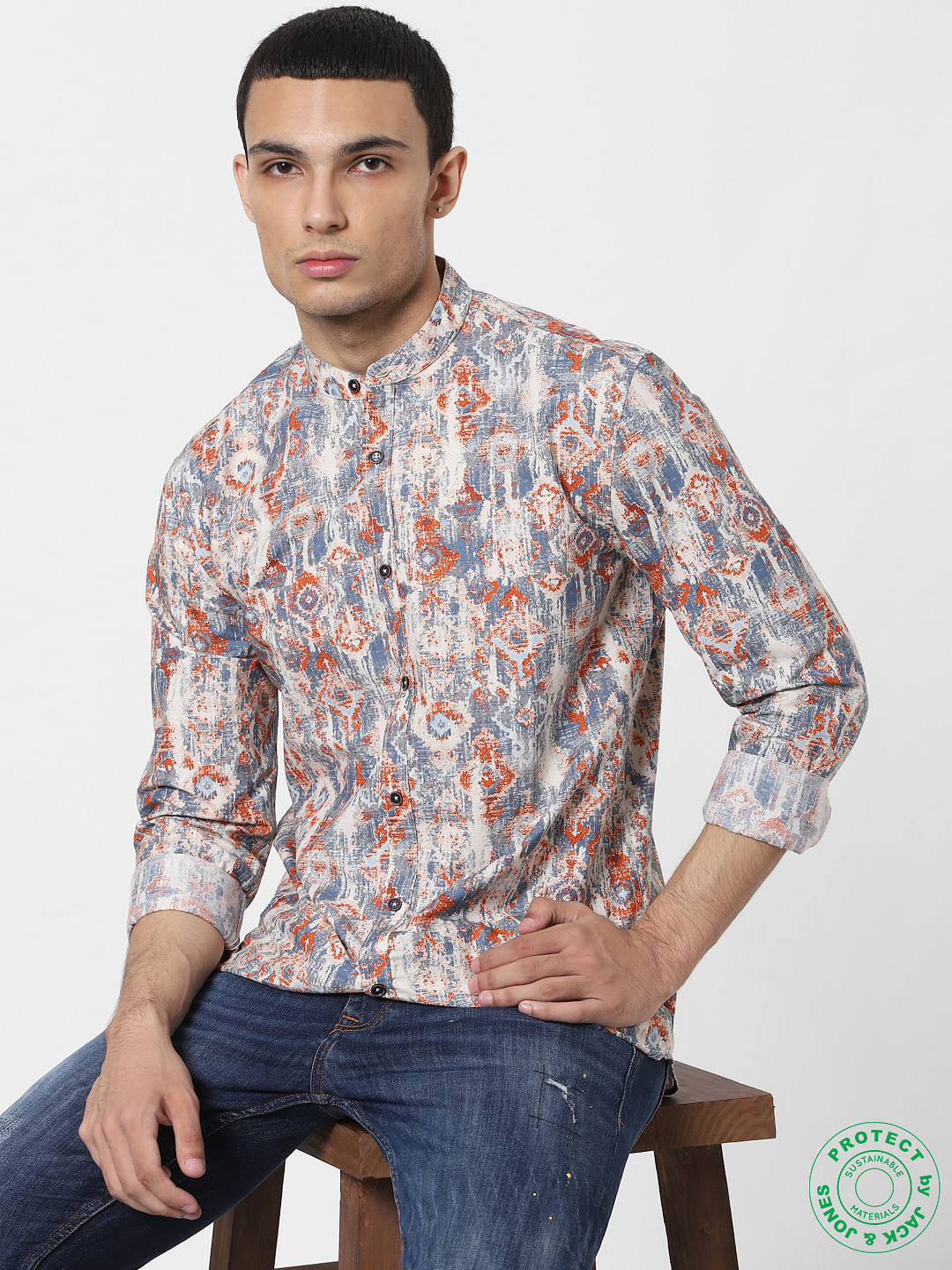 Blue Washed Mandarin Collar Shirt - S