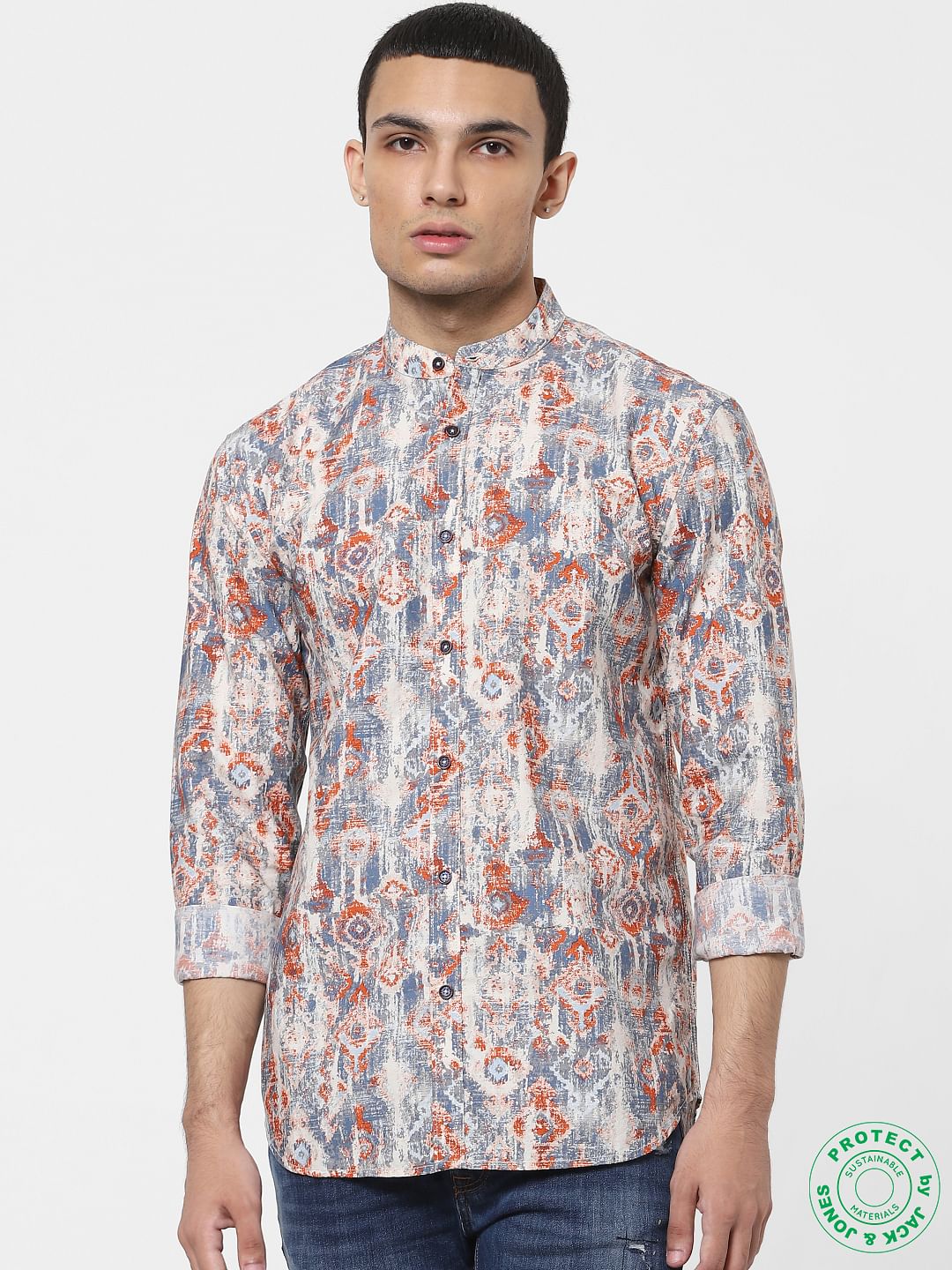 Blue Washed Mandarin Collar Shirt