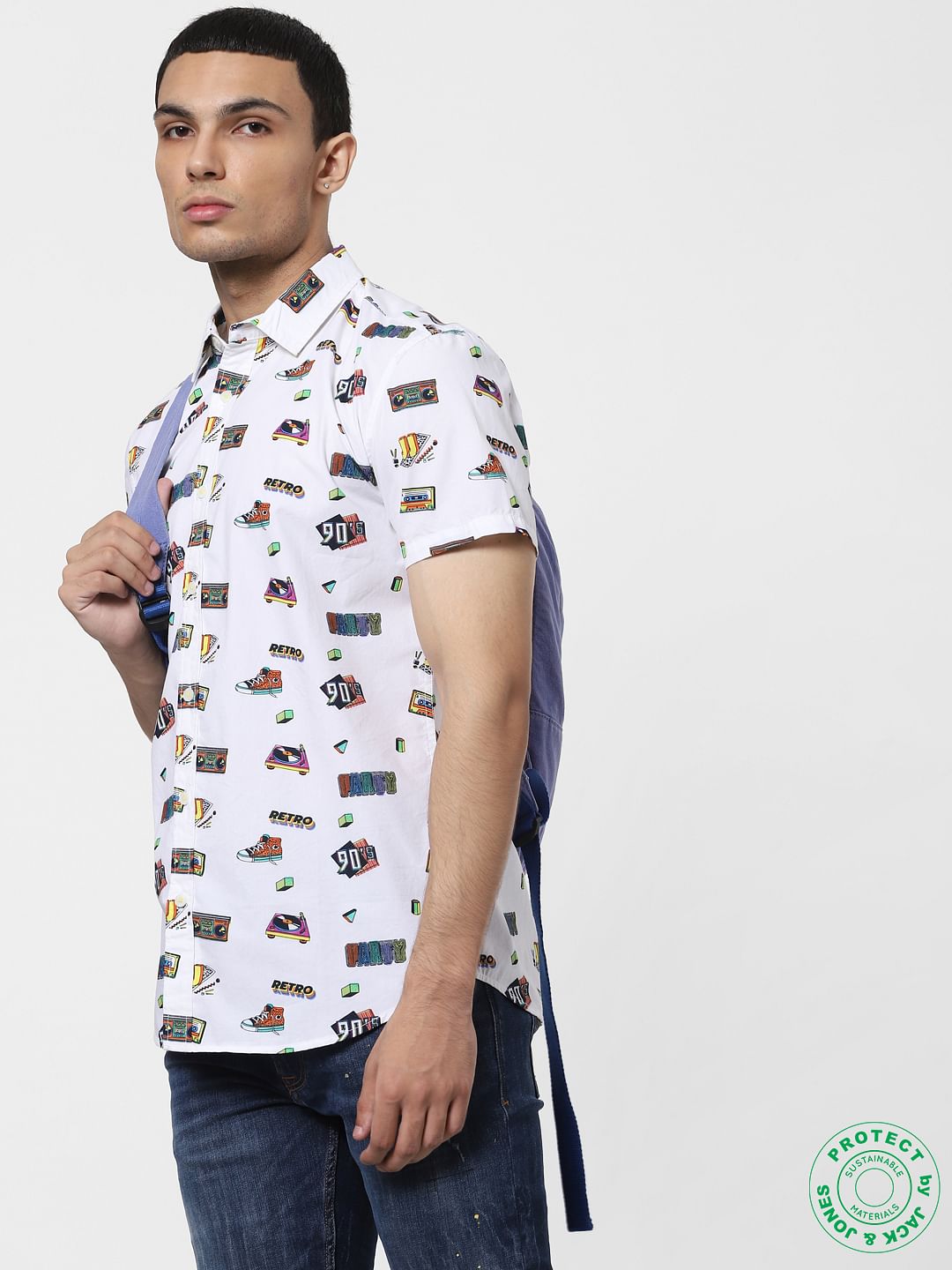White 90's Graphic Print Half Sleeves Shirt - S