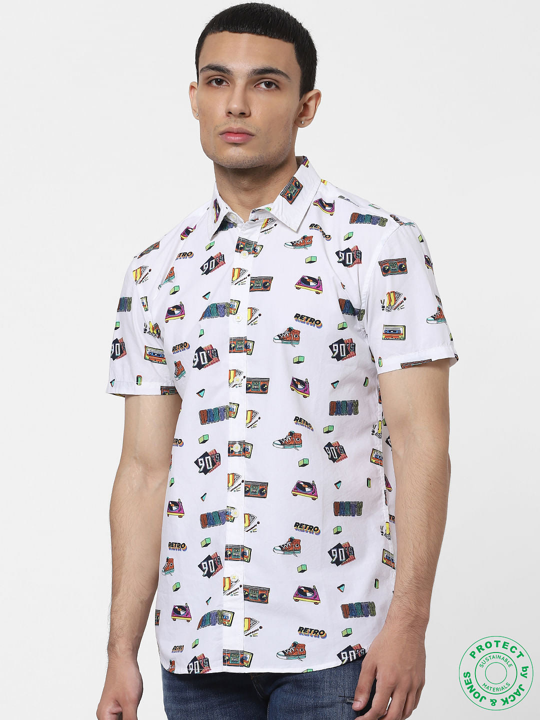 White 90's Graphic Print Half Sleeves Shirt