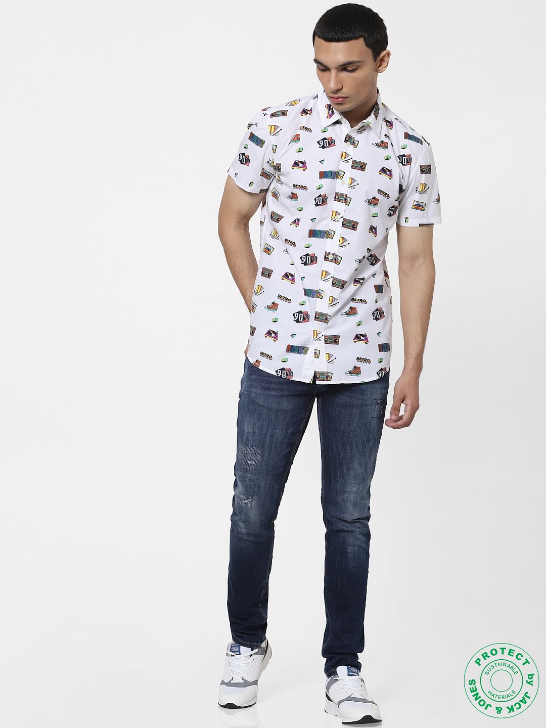 White 90's Graphic Print Half Sleeves Shirt