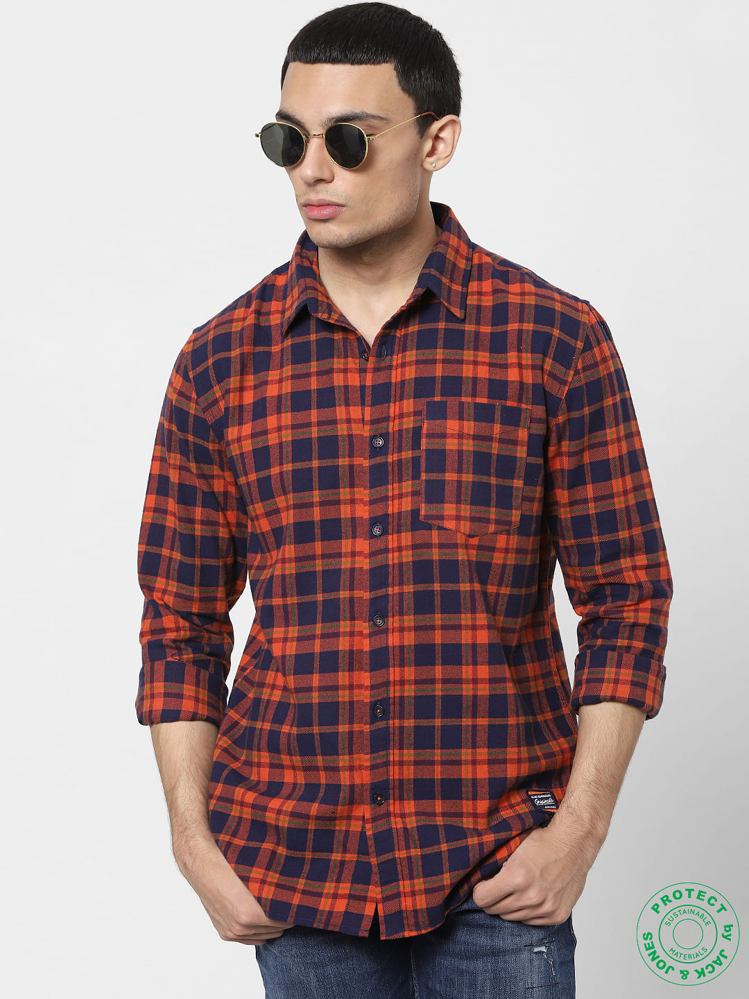 Orange Check Full Sleeves Shirt - S