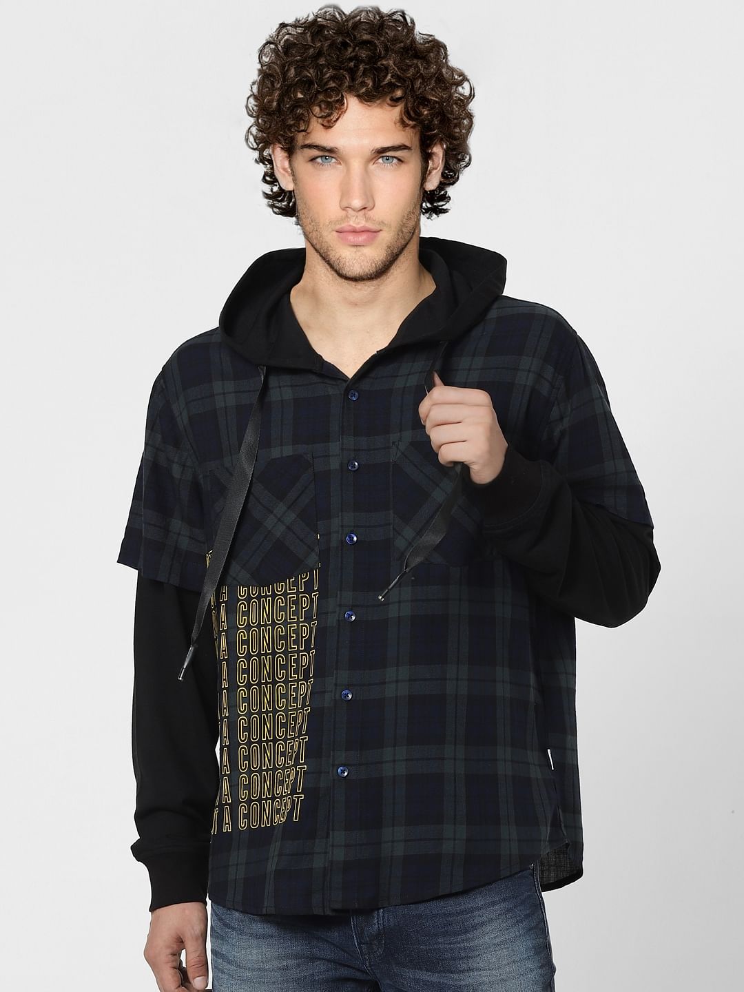 Green Check Hooded Shirt