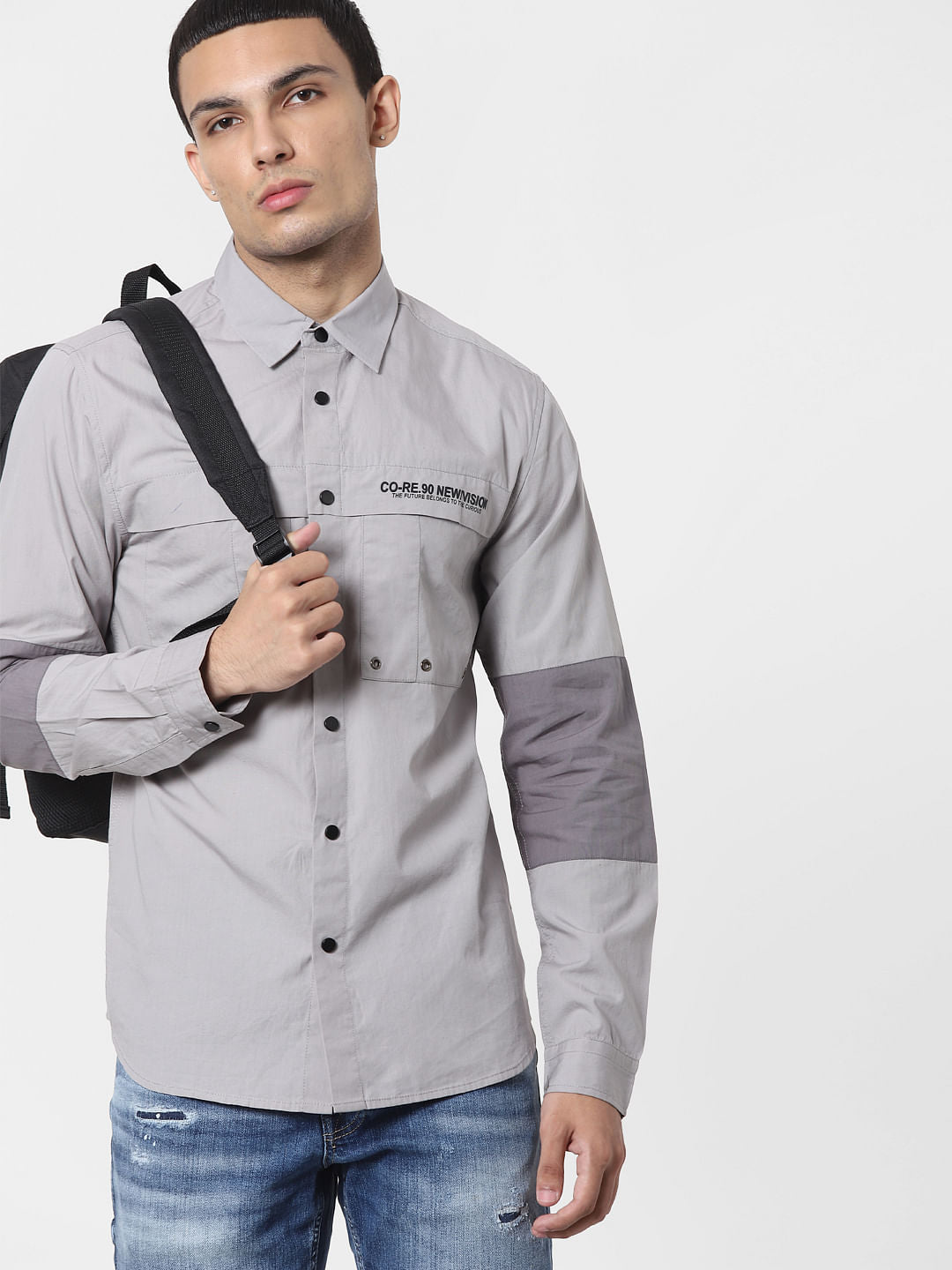 Grey Colourblocked Full Sleeves Shirt - S