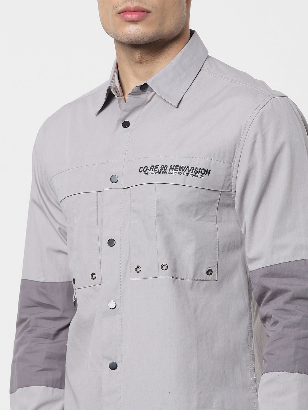 Grey Colourblocked Full Sleeves Shirt