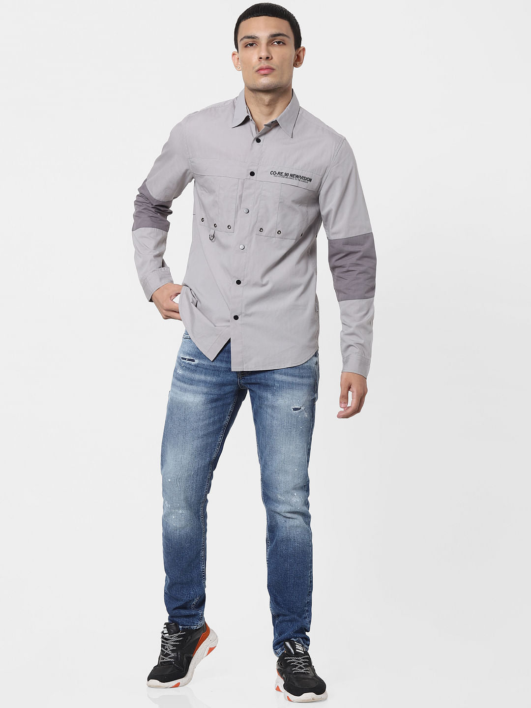 Grey Colourblocked Full Sleeves Shirt