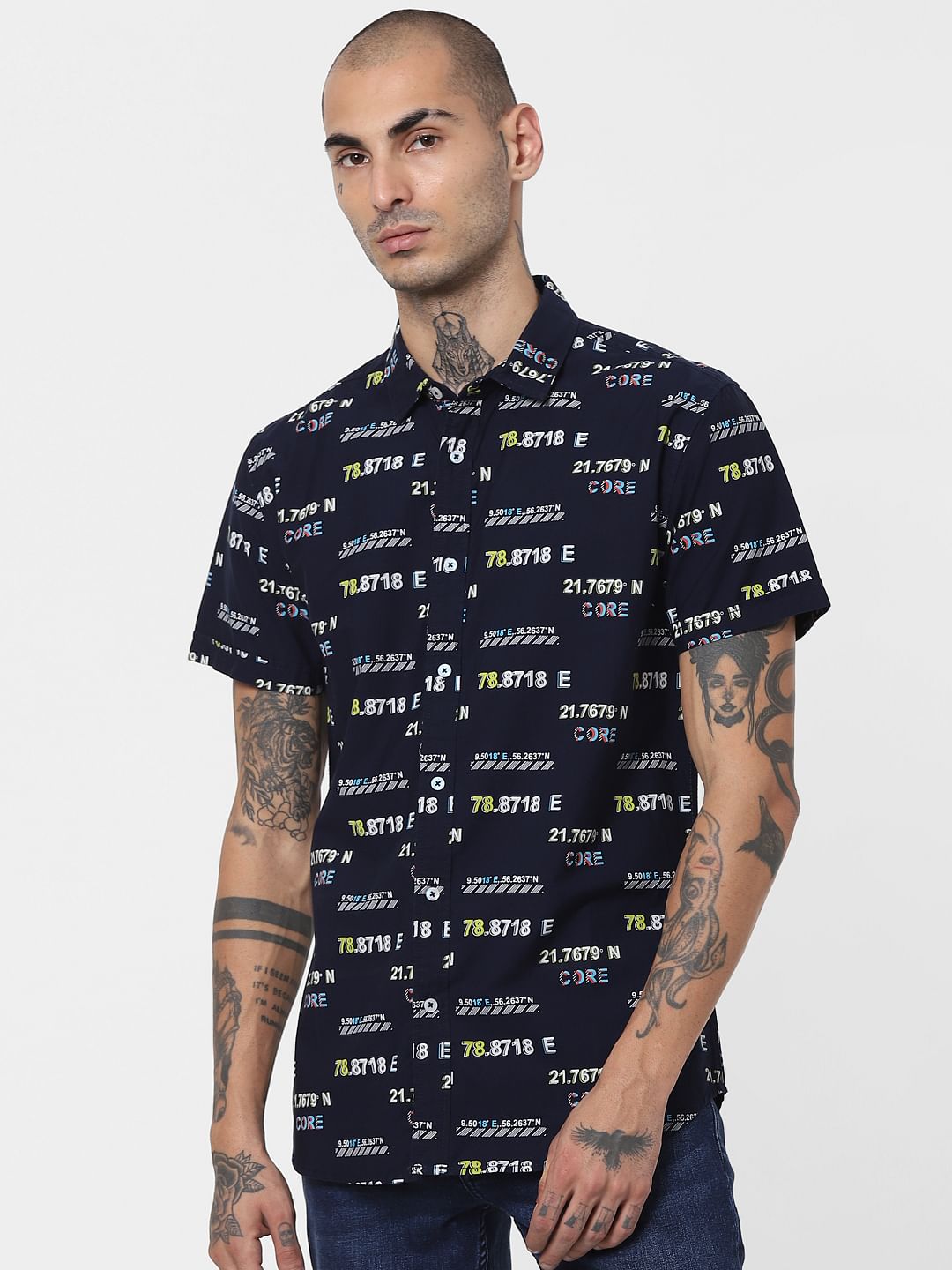 DARK NAVY BLUE PRINTED HALF SLEEVES SHIRT