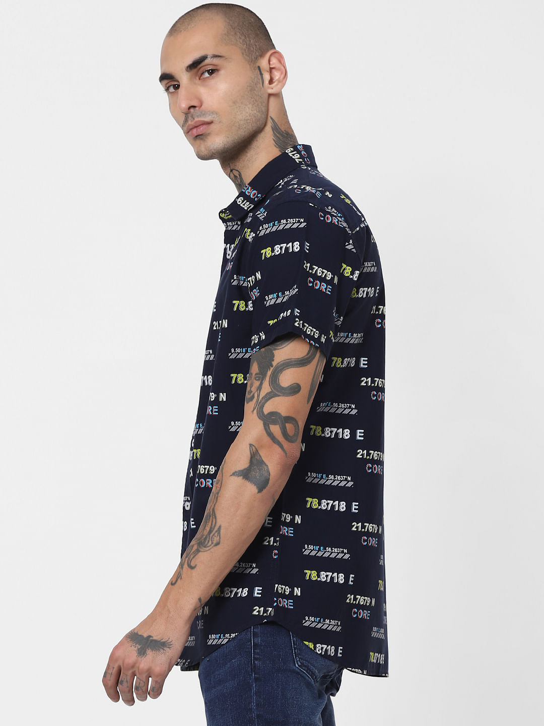 DARK NAVY BLUE PRINTED HALF SLEEVES SHIRT