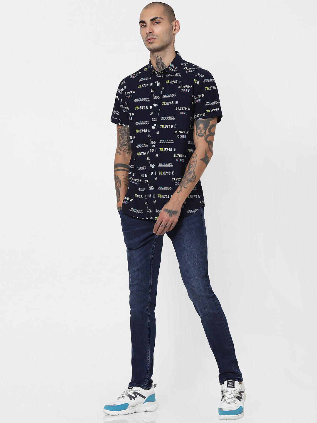 DARK NAVY BLUE PRINTED HALF SLEEVES SHIRT