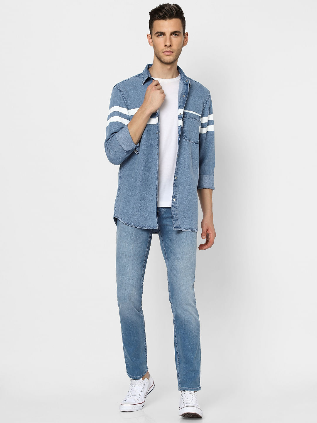 Blue Striped Full Sleeves Denim Shirt - S