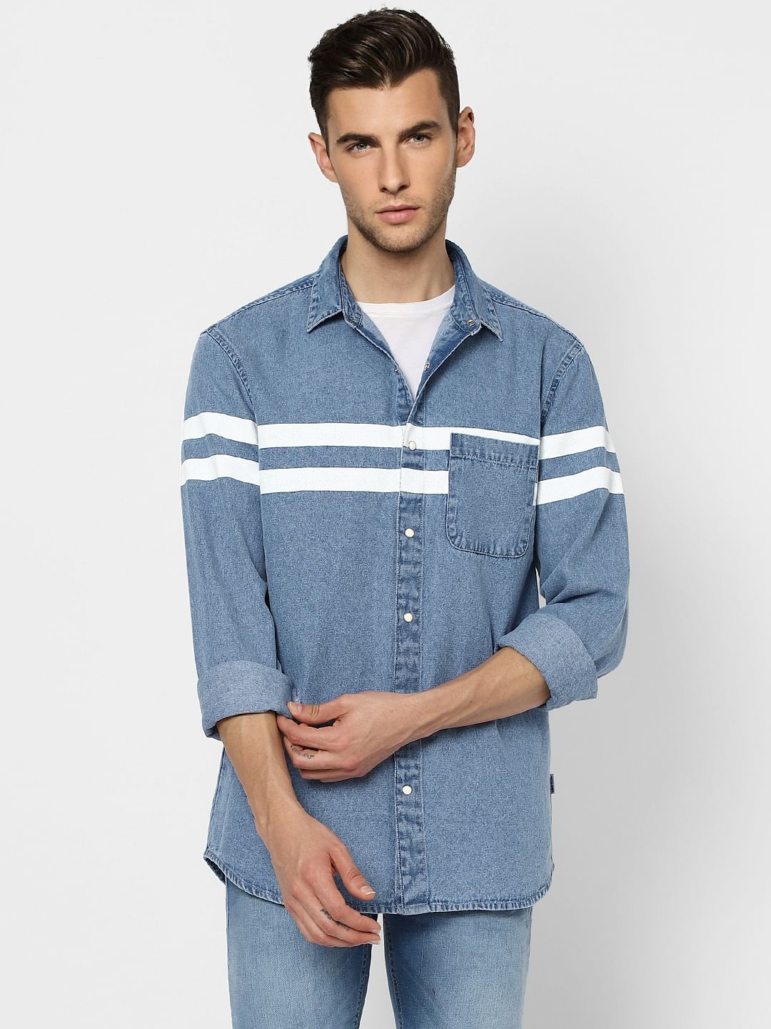 Blue Striped Full Sleeves Denim Shirt