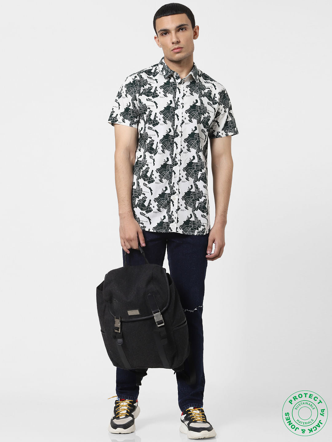 White Printed Half Sleeves Shirt - S