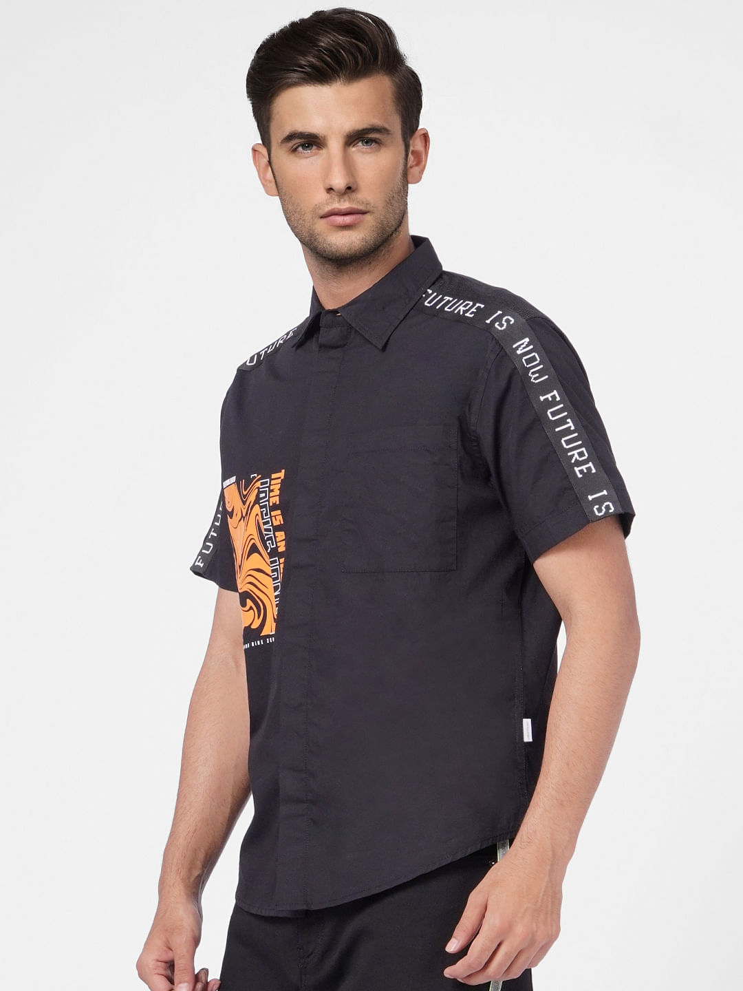 Black Tape Detail Half Sleeves Shirt