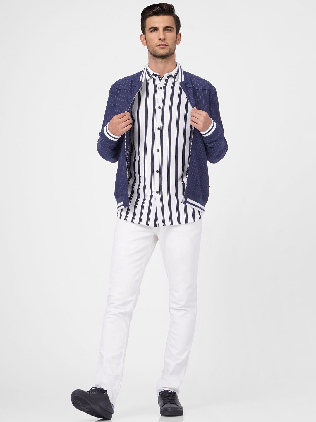 White Bold Striped Full Sleeves Shirt - S
