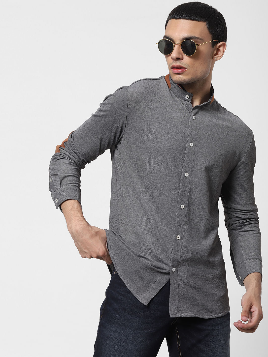 Grey Mandarin Collar Full Sleeves Shirt - S