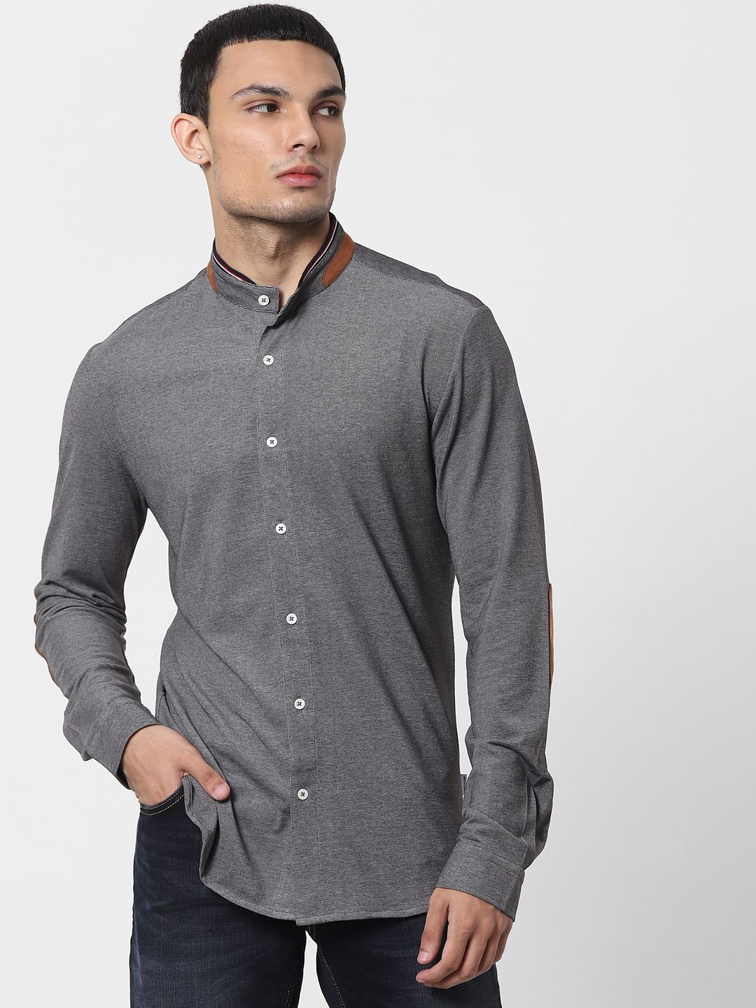 Grey Mandarin Collar Full Sleeves Shirt