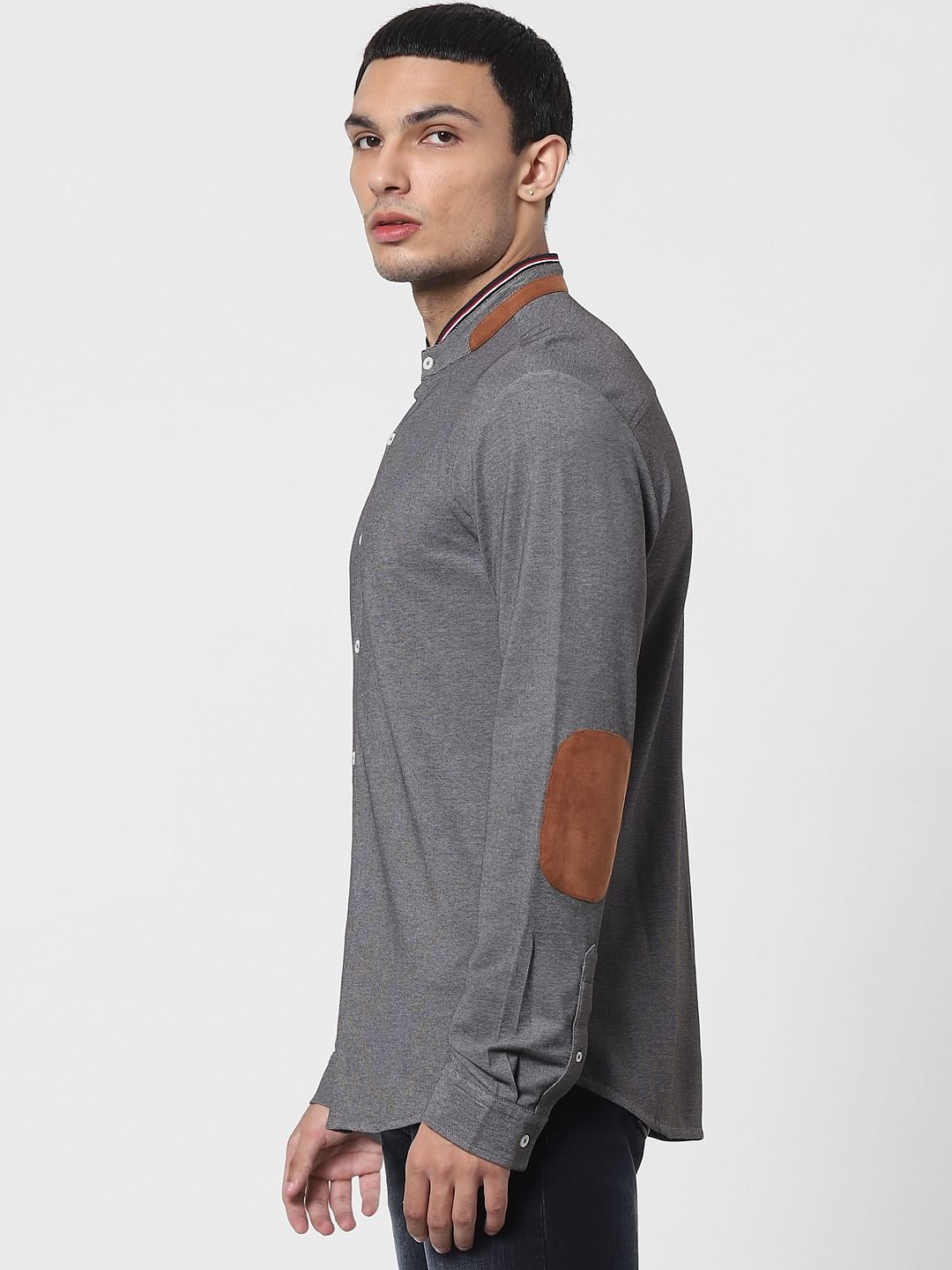 Grey Mandarin Collar Full Sleeves Shirt