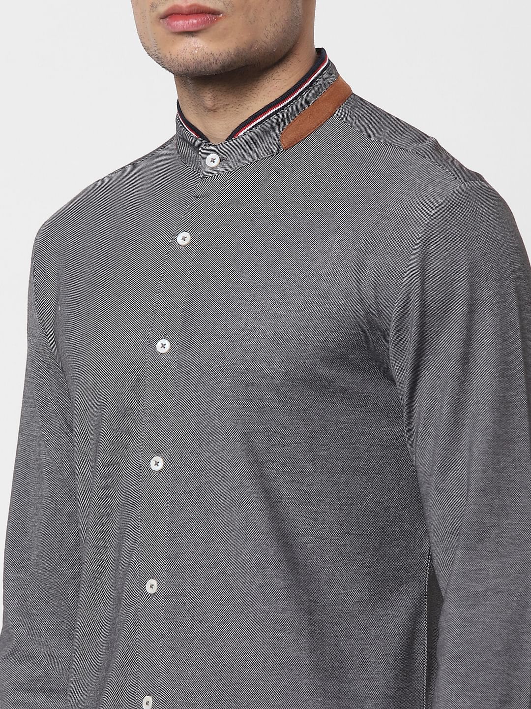 Grey Mandarin Collar Full Sleeves Shirt
