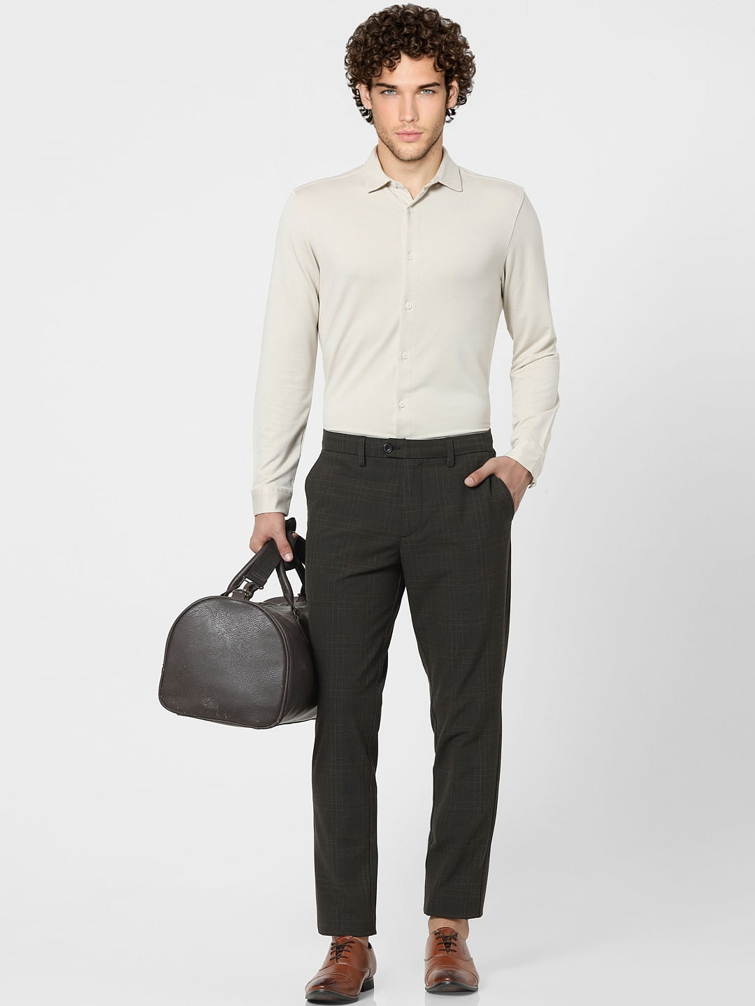 Beige Knit Full Sleeves Shirt - S