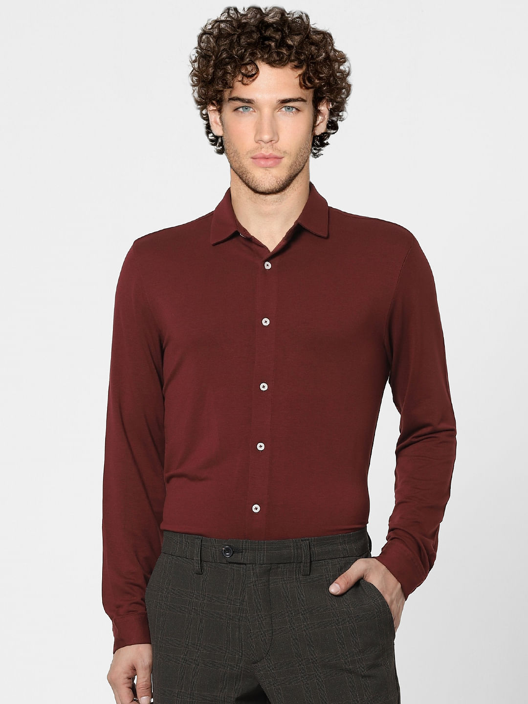 Maroon Knit Full Sleeves Shirt