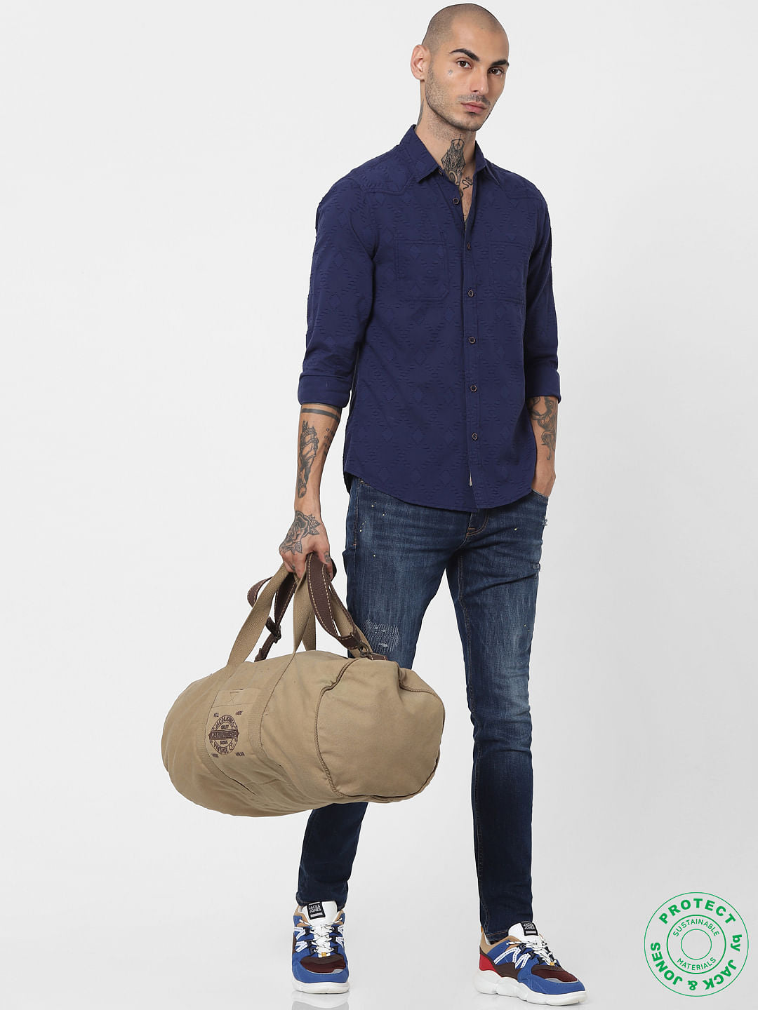 Blue Self Design Full Sleeves Shirt - S