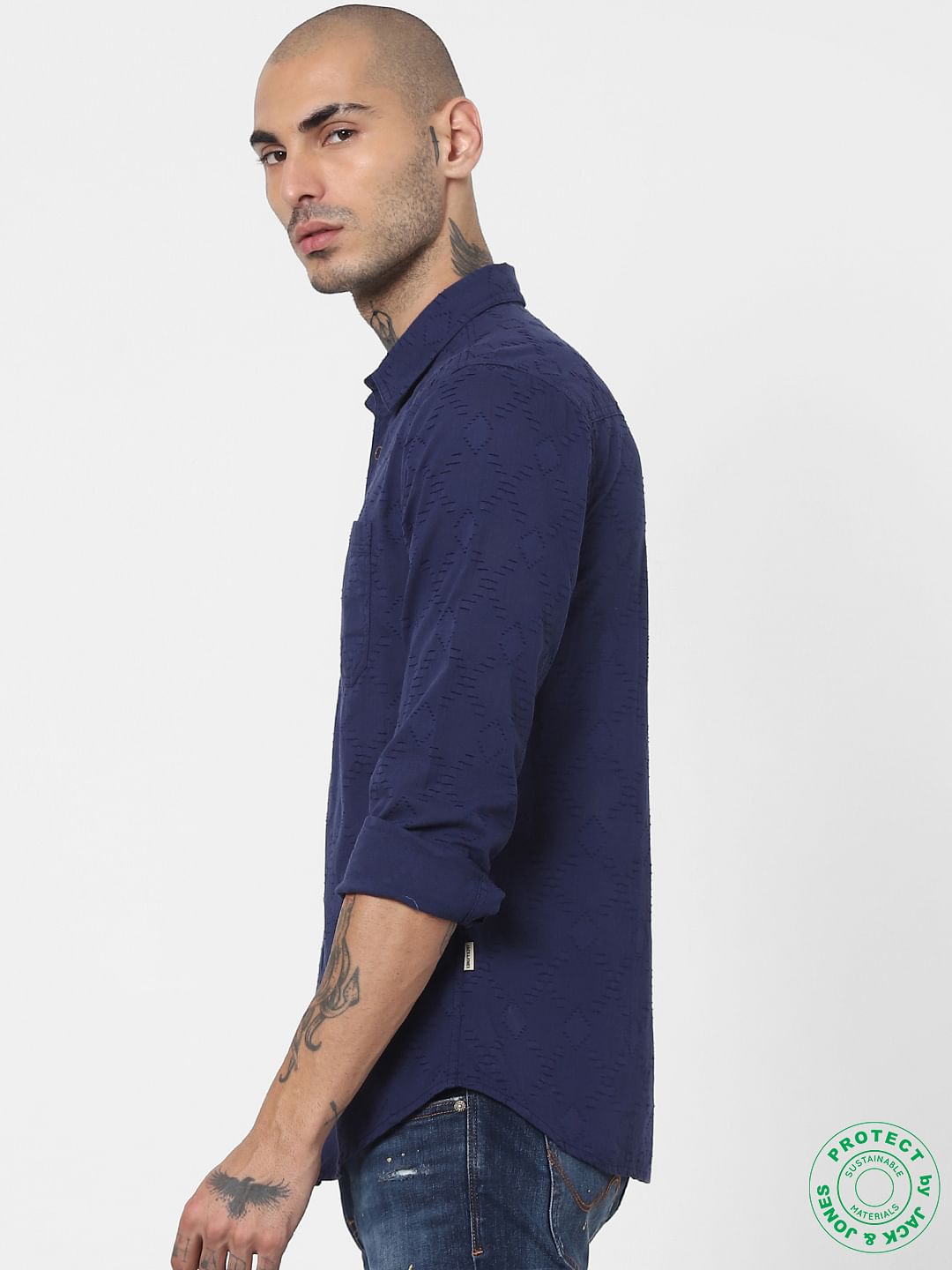 Blue Self Design Full Sleeves Shirt